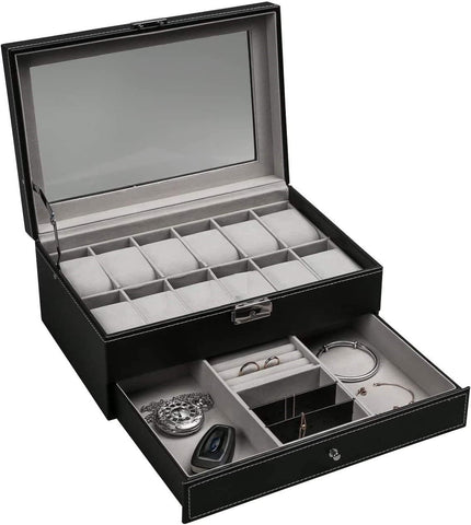12 Slot PU Leather Lockable Watch and Jewelry Storage Boxes Black