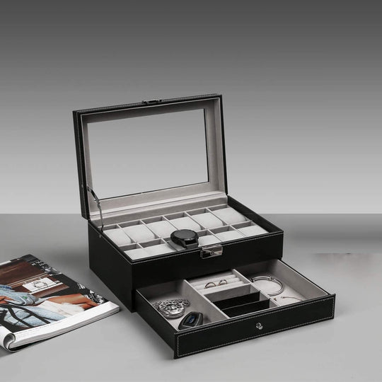 12 Slot Pu Leather Lockable Watch And Jewelry Storage Boxes (Black) | Pen & Pencil Cases