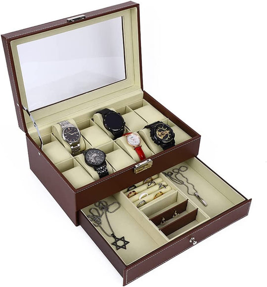 12 Slot Pu Leather Lockable Watch And Jewelry Storage Boxes (Brown) | Women's Watches