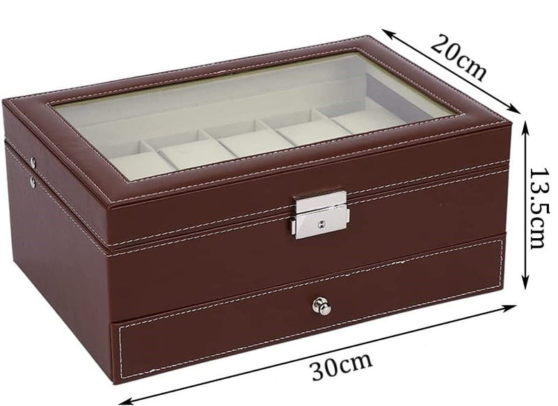 12 Slot Pu Leather Lockable Watch And Jewelry Storage Boxes (Brown) - Women's Watches