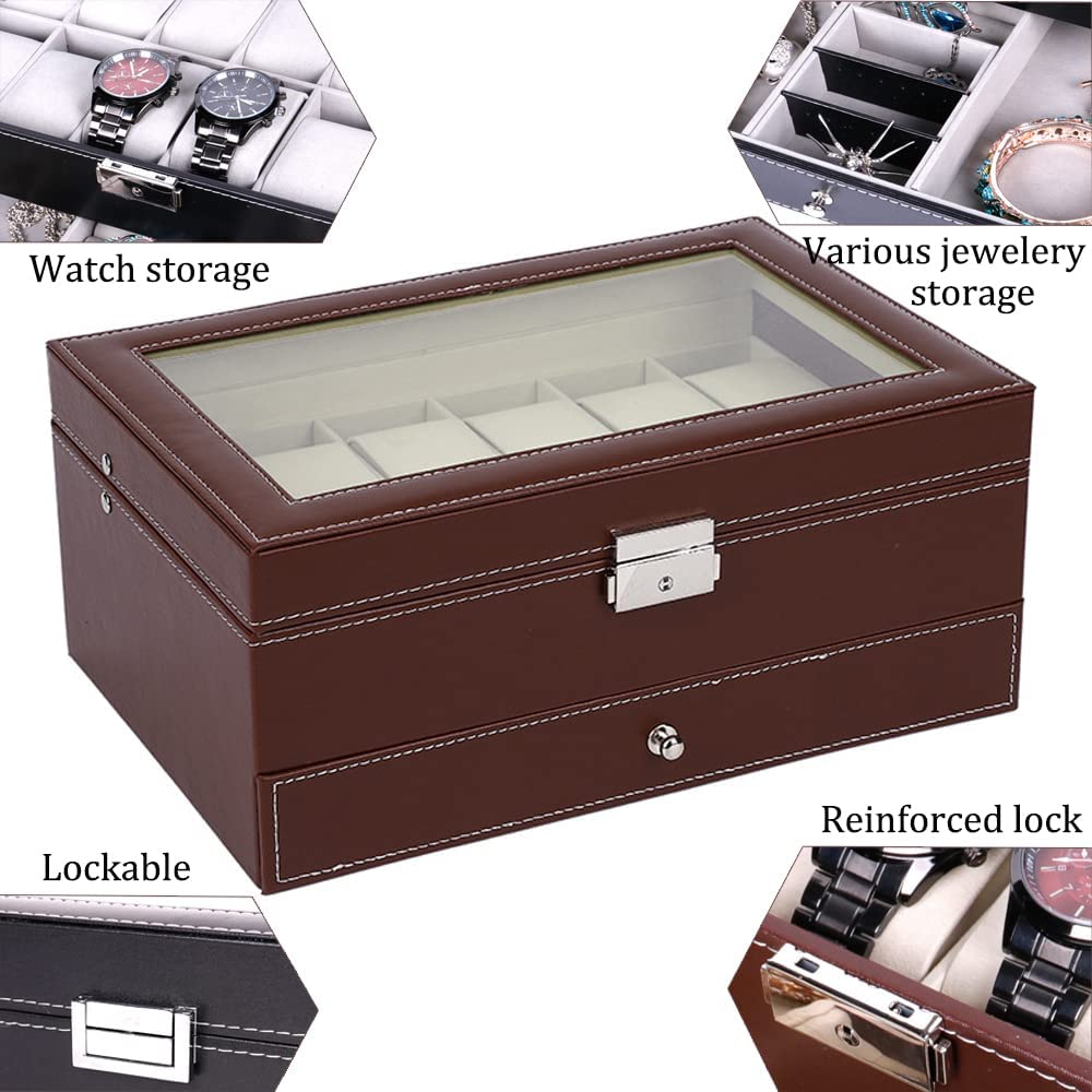 12 Slot PU Leather Lockable Watch and Jewelry Storage Boxes Brown