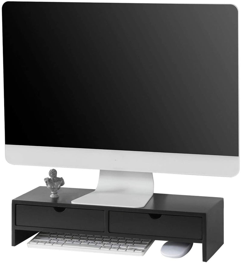 Black Monitor Stand Desk Organizer With 2 Drawers - Desk Accessories