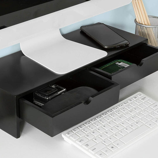 Black Monitor Stand Desk Organizer With 2 Drawers, Desk Accessories