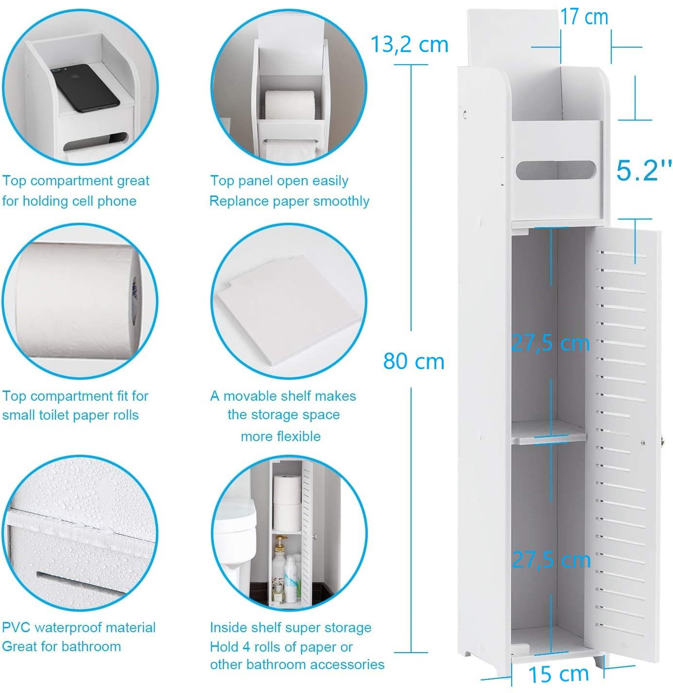 Toilet Paper Holder Storage Cabinet Bathroom Stand White 80cm Slim
