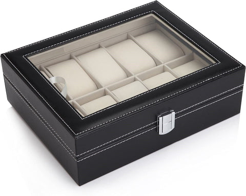 Black PU Leather Watch Organizer Display Storage Box Cases for Men & Women 10 slots