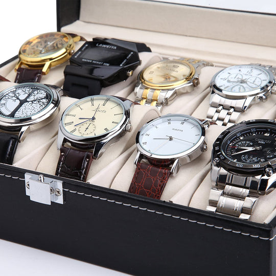 Black Pu Leather Watch Organizer Display Storage Box Cases (10 Slots), Leather finish