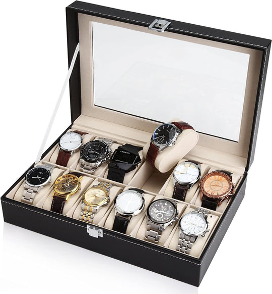 Black Pu Leather Watch Organizer Display Storage Box Cases (12 Slots), Leather finish