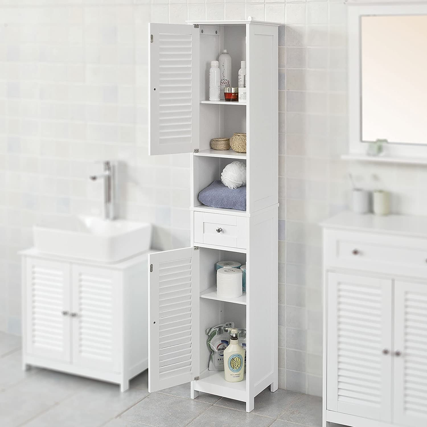 Freestanding Tall Bathroom Cabinet 170cm Storage Unit MDF 2 Door 1 Drawer Narrow Bathroom Cupboard