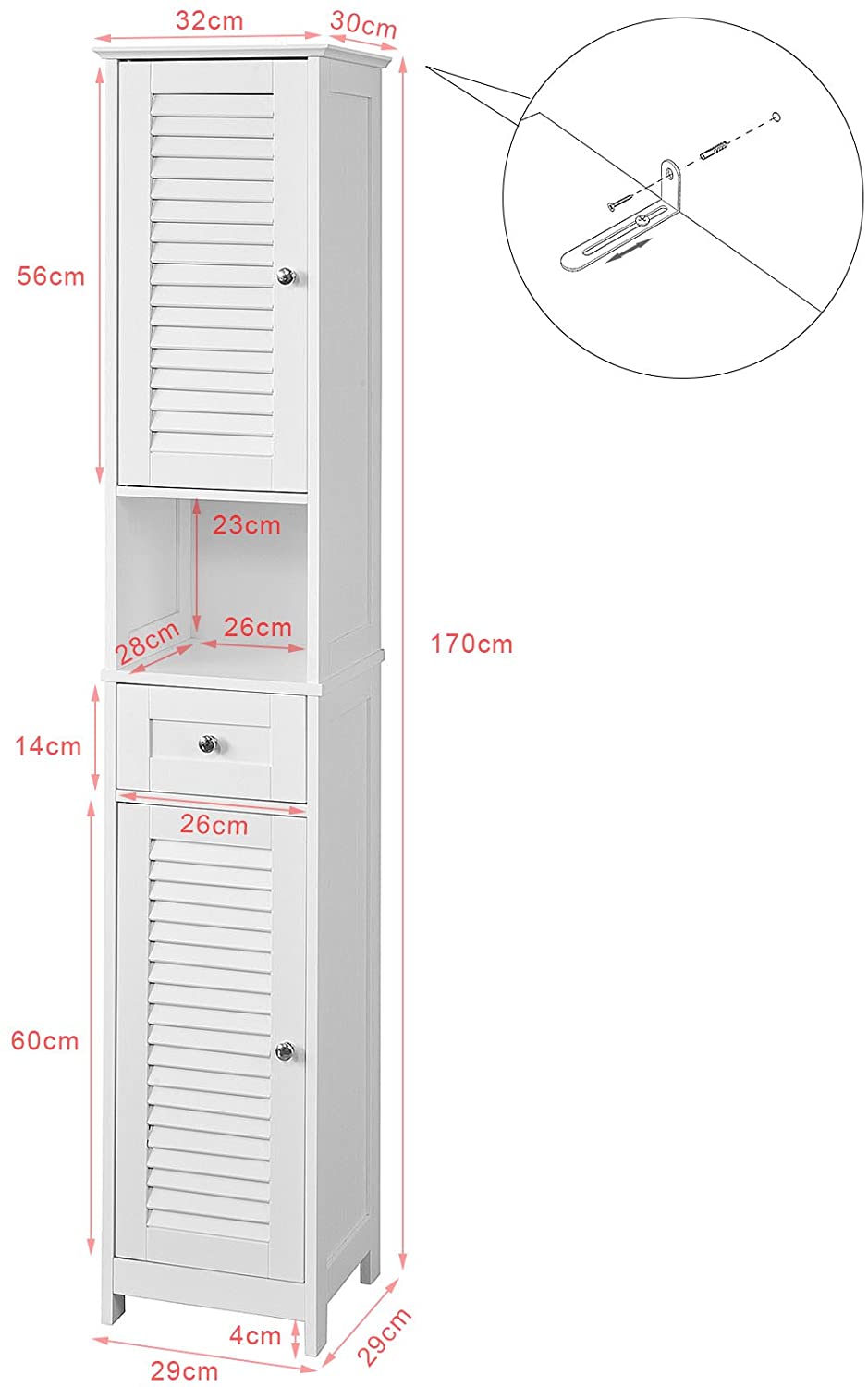 Freestanding Tall Bathroom Cabinet 170cm Storage Unit MDF 2 Door 1 Drawer Narrow Bathroom Cupboard