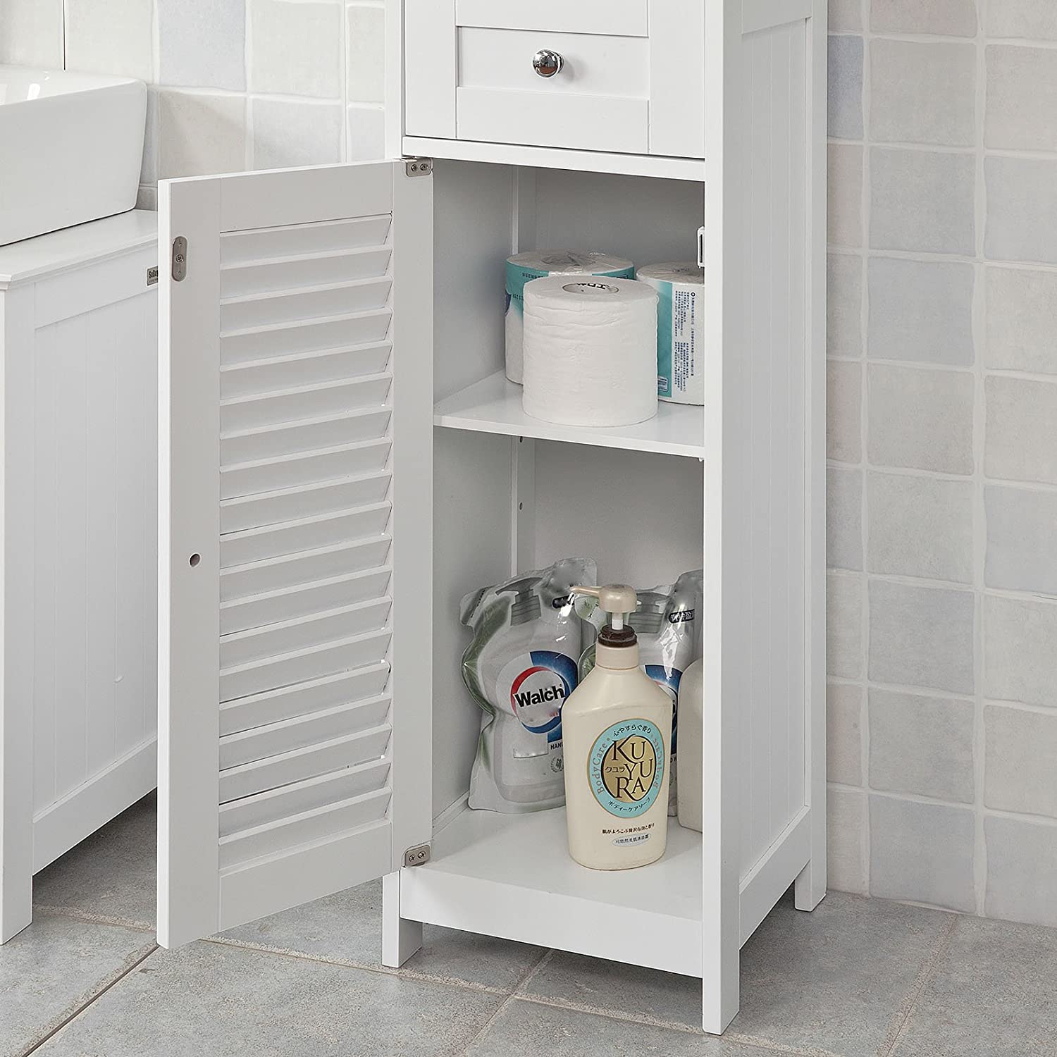 Freestanding Tall Bathroom Cabinet 170cm Storage Unit MDF 2 Door 1 Drawer Narrow Bathroom Cupboard