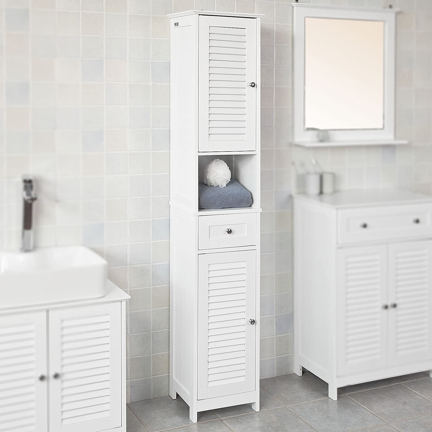 Freestanding Tall Bathroom Cabinet 170cm Storage Unit MDF 2 Door 1 Drawer Narrow Bathroom Cupboard