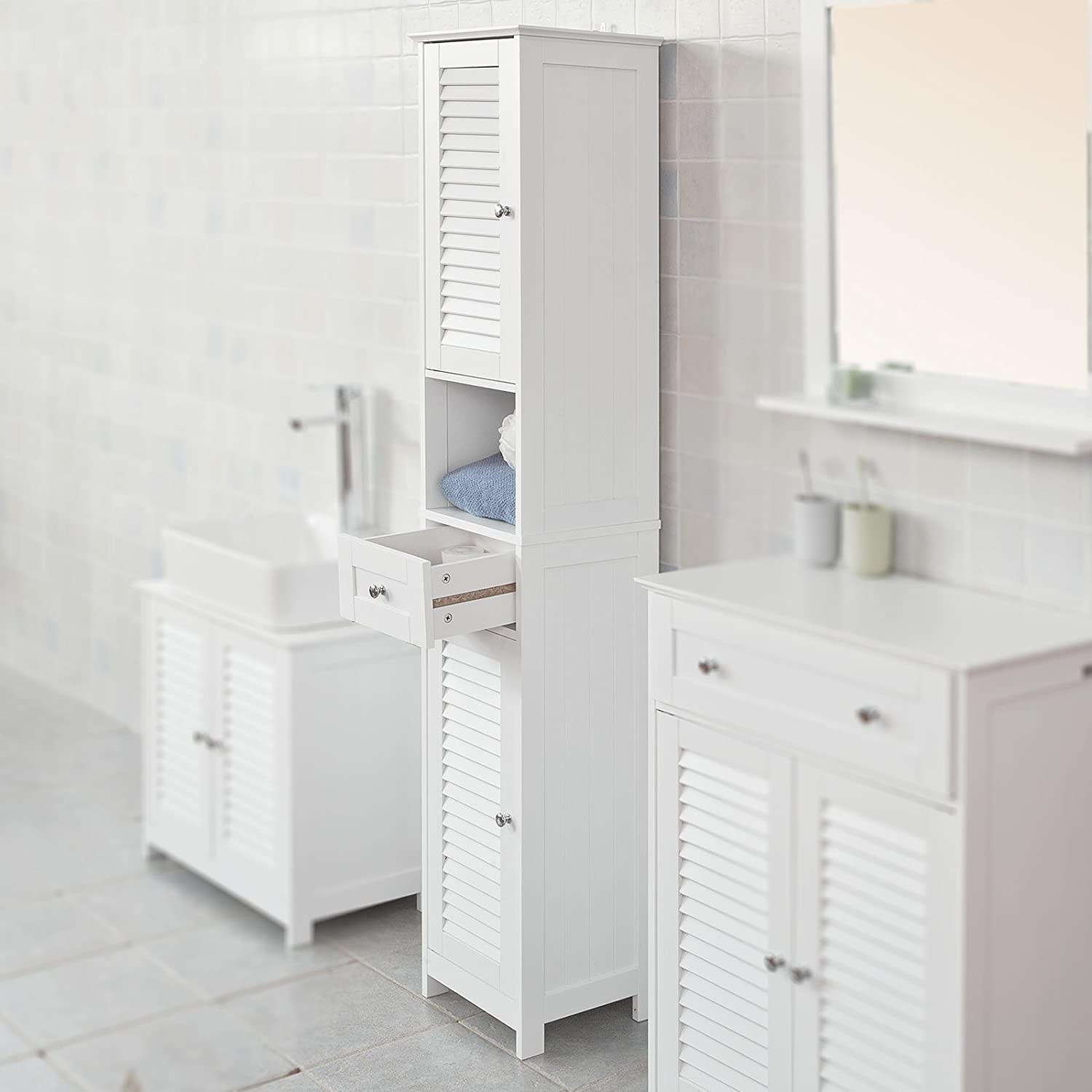Freestanding Tall Bathroom Cabinet 170cm Storage Unit MDF 2 Door 1 Drawer Narrow Bathroom Cupboard