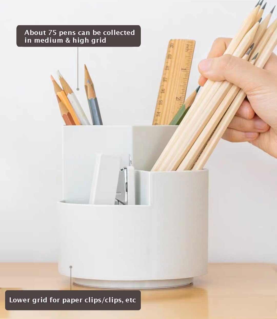 Desk Accessories - 360 degree rotating multi-functional pen holder with 3 separate layer Grey