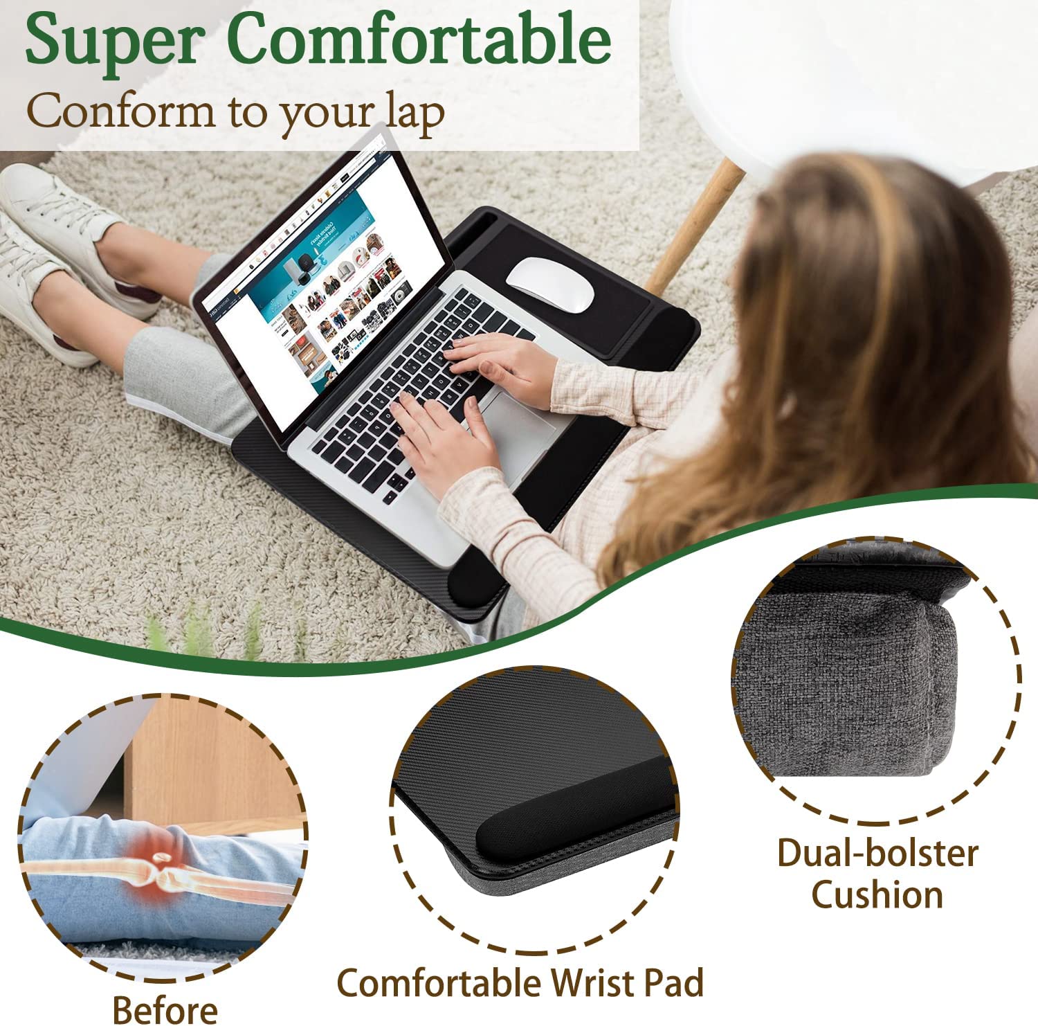 Portable Laptop Desk With Device Ledge, Mouse Pad (Black, 43Cm) | Desks