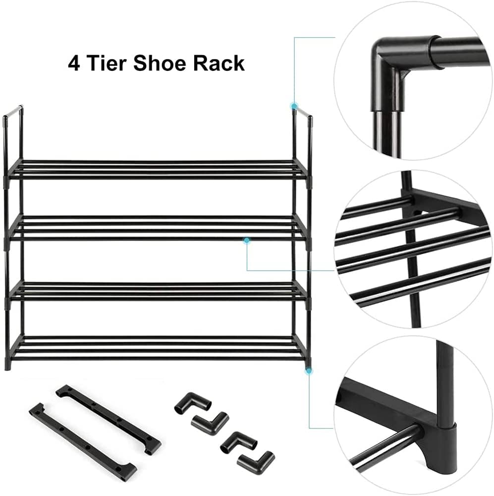 4-Tier Stainless Steel Shoe Rack Storage Organizer To Hold(Black)