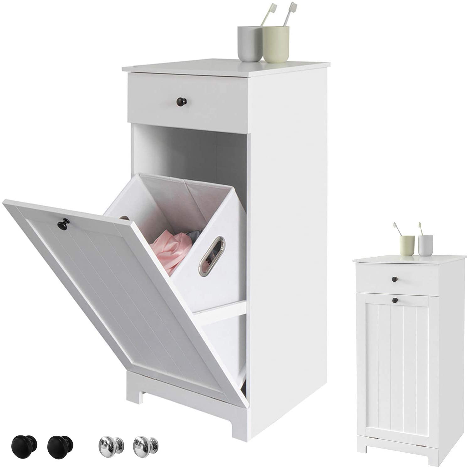 White Bathroom Cabinet with Built-in Laundry Basket and Drawer