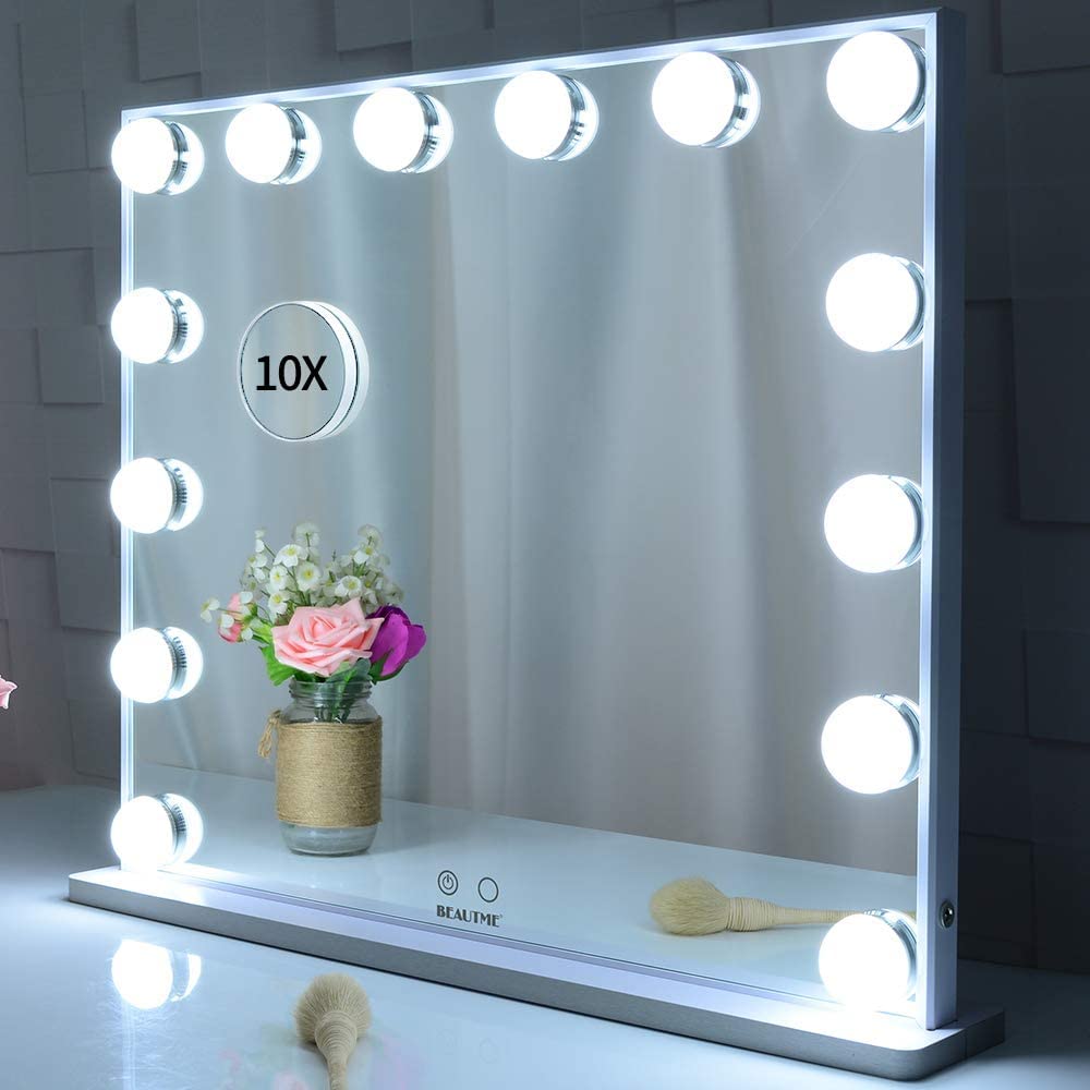 Makeup Mirrors - Hollywood Makeup Vanity Mirror with LED Lights and Detachable 10X Magnification Mirror (White, 62 x 51