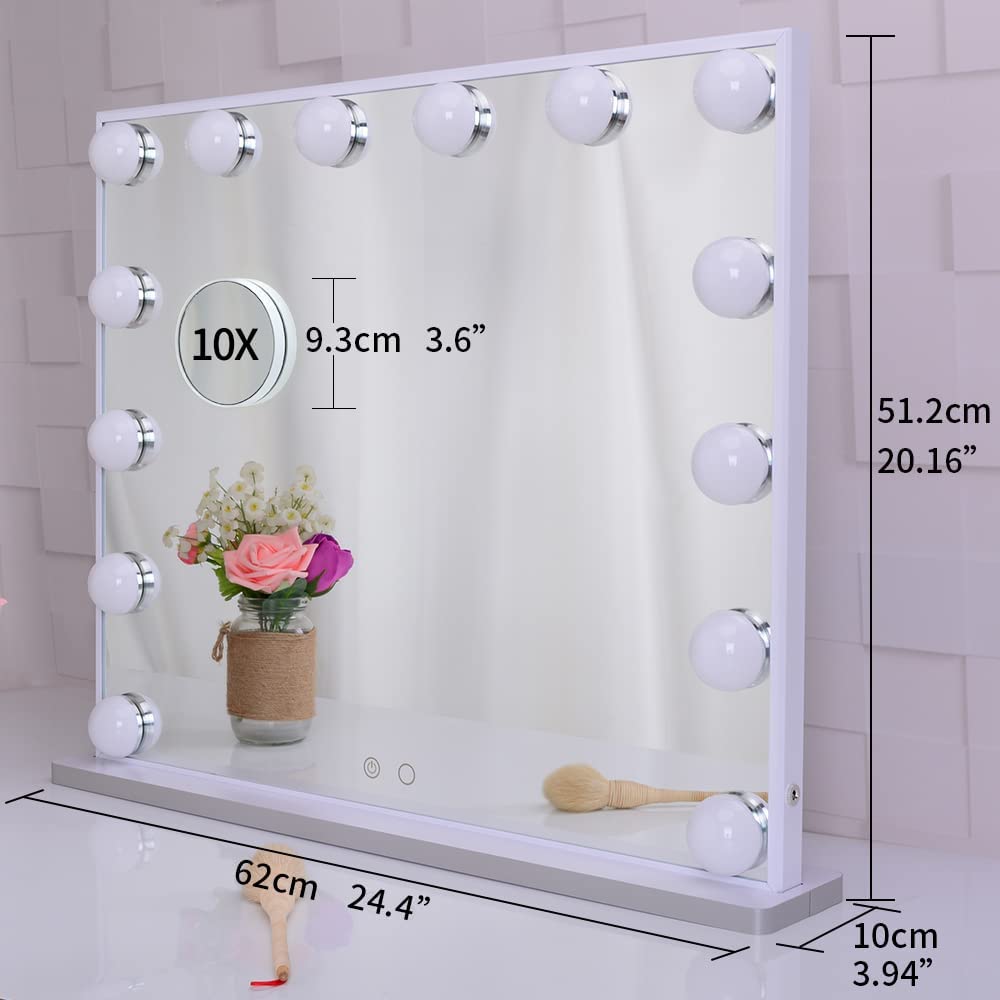 White colour - Hollywood Makeup Vanity Mirror with LED Lights and Detachable 10X Magnification Mirror (White, 62 x 51 cm