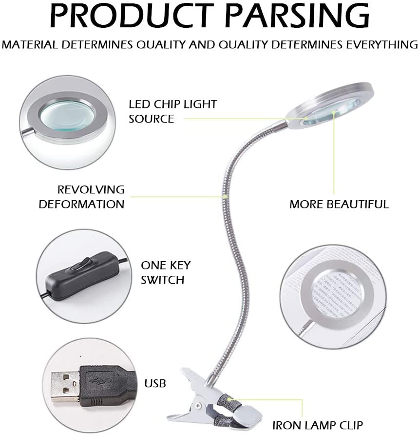 Led 8X Magnifying Lamp With Flexible Gooseneck, Lighting Metal Clamp Deg