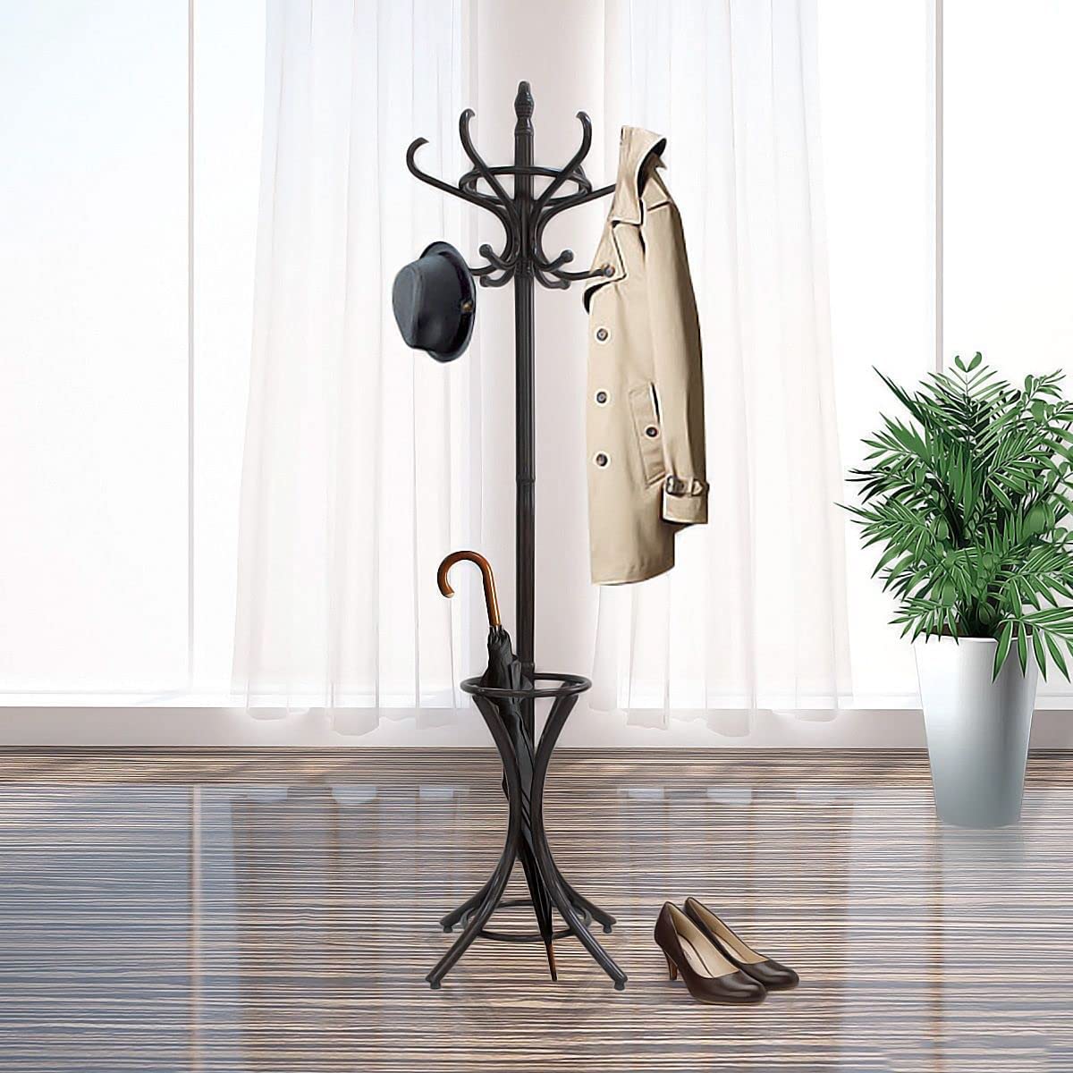 Wooden finish - Brown Coat Rack with Stand Wooden Hat and 12 Hooks Hanger Walnut tree