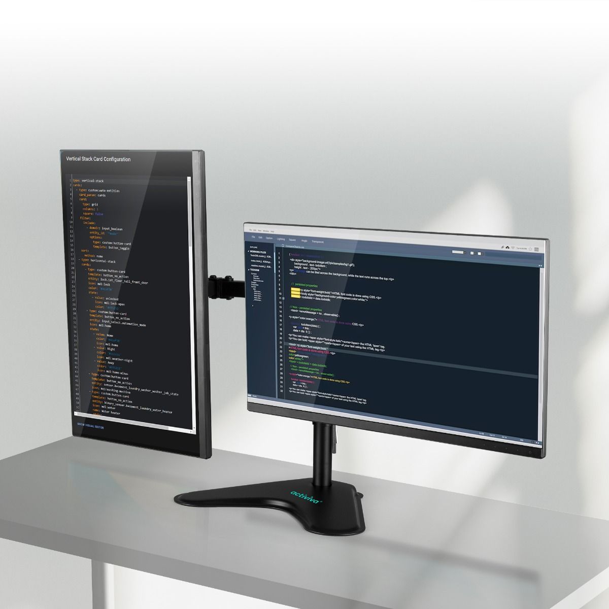 Freestanding - activiva Dual-Screen Articulating Monitor Arm with Free-Standing Desktop Base