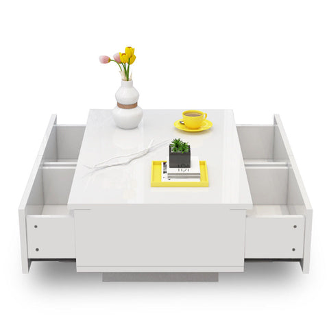High Gloss White LED Coffee Table With 4 Drawers
