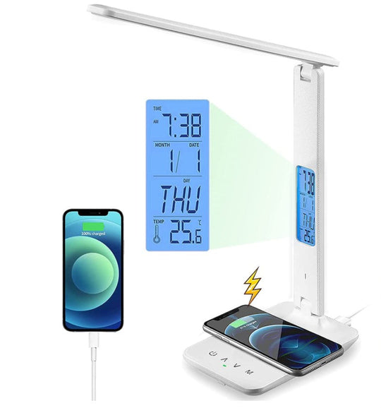 Led Desk Lamp With Fast Wireless Charger Clock Alarm Date Temperature - Table Lamps