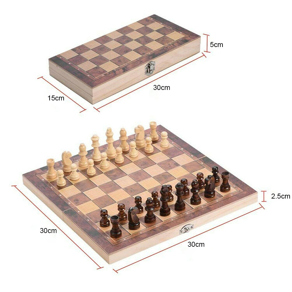 3-In-1 Wooden Chess Set With Folding Chessboard