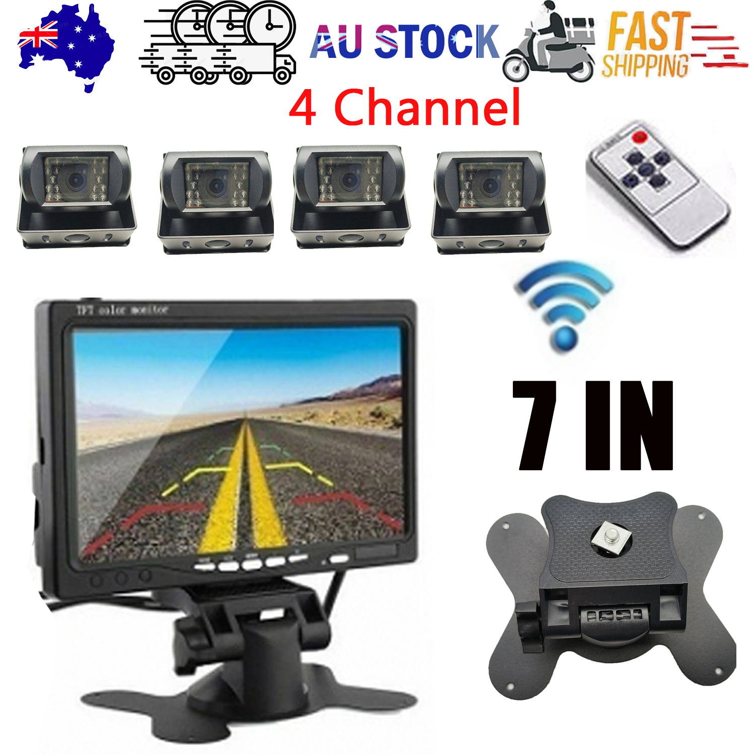 4-Channel 7" Screen Monitor With Reversing Camera Kit For Truck, Trailer, Bus