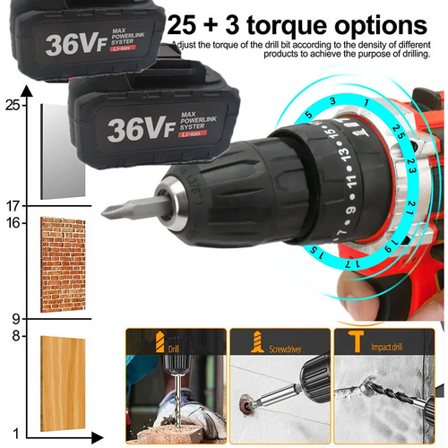 Cordless Drill w/2 Battery Heavy Duty Impact Driver Kit Brushless Hammer Set 88V