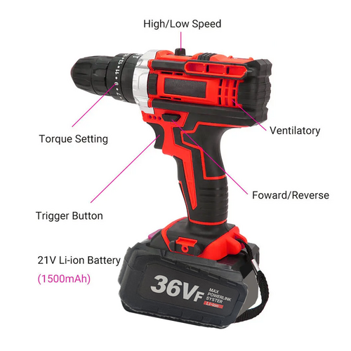 Cordless Drill w/2 Battery Heavy Duty Impact Driver Kit Brushless Hammer Set 88V