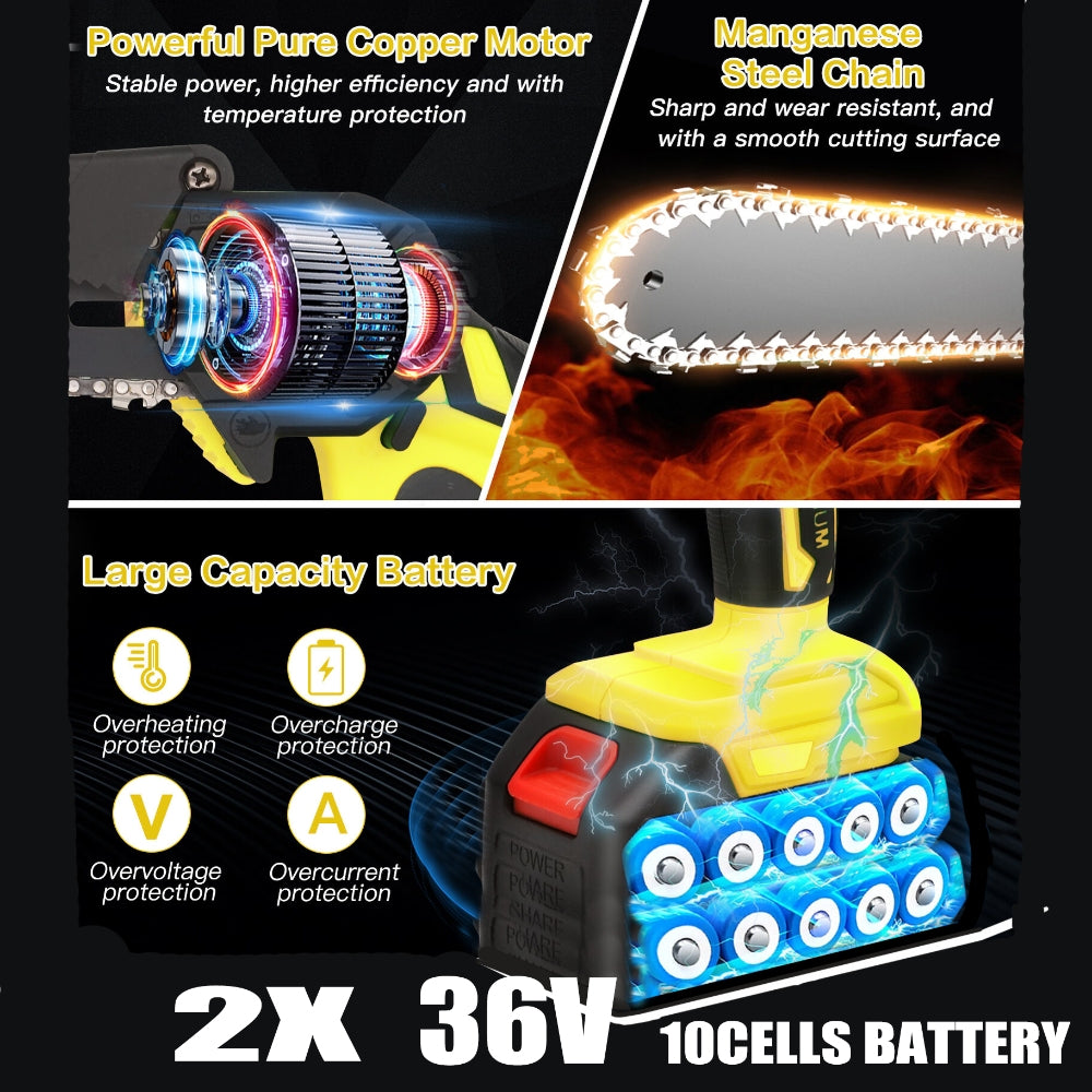 Mini Cordless Chainsaw 8" 36V 2 Battery Electric Wood Cutter