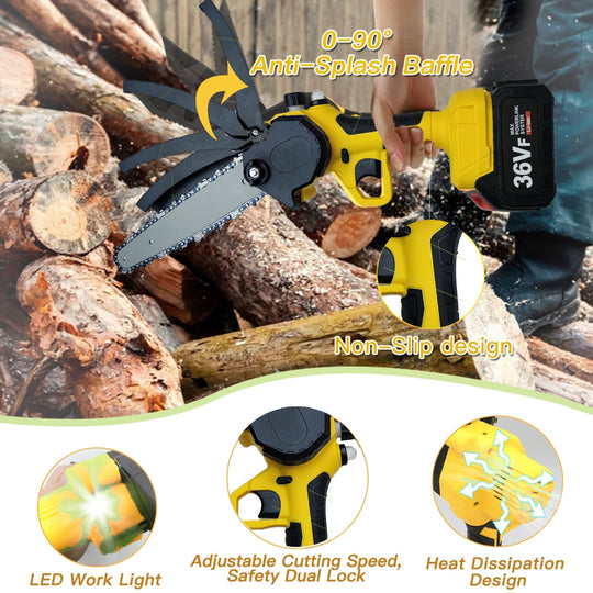 Wood finish - Mini Cordless Chainsaw 8" 36V 2 Battery Electric Wood Cutter