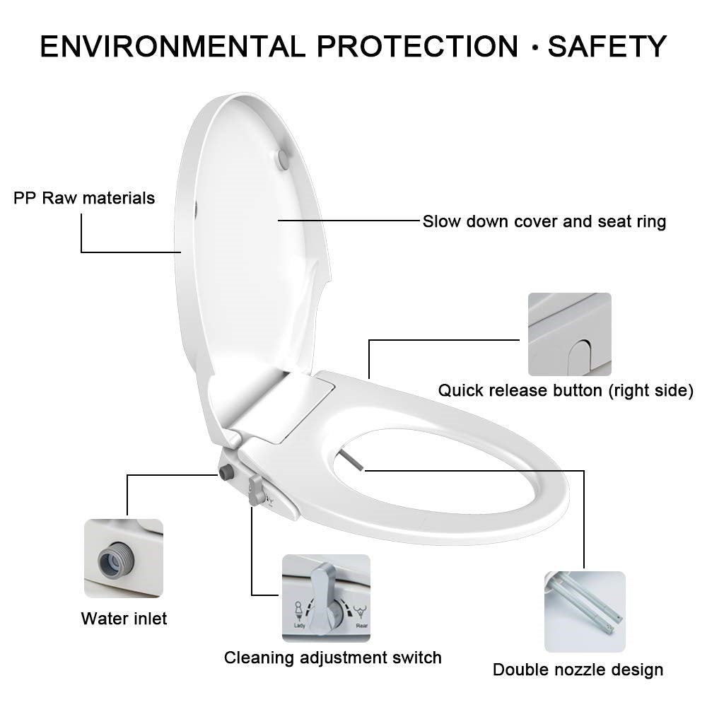 Non-Electric Bidet Toilet Seat Cover With Dual Nozzle Spray