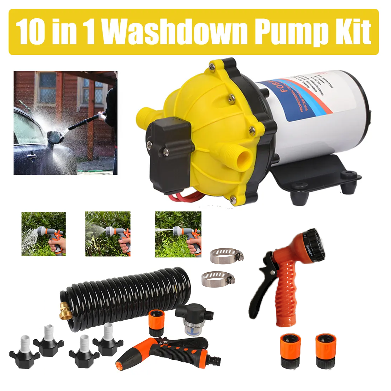 12V Washdown Pump Kit 6.6GPM with Hose and Spray Nozzle