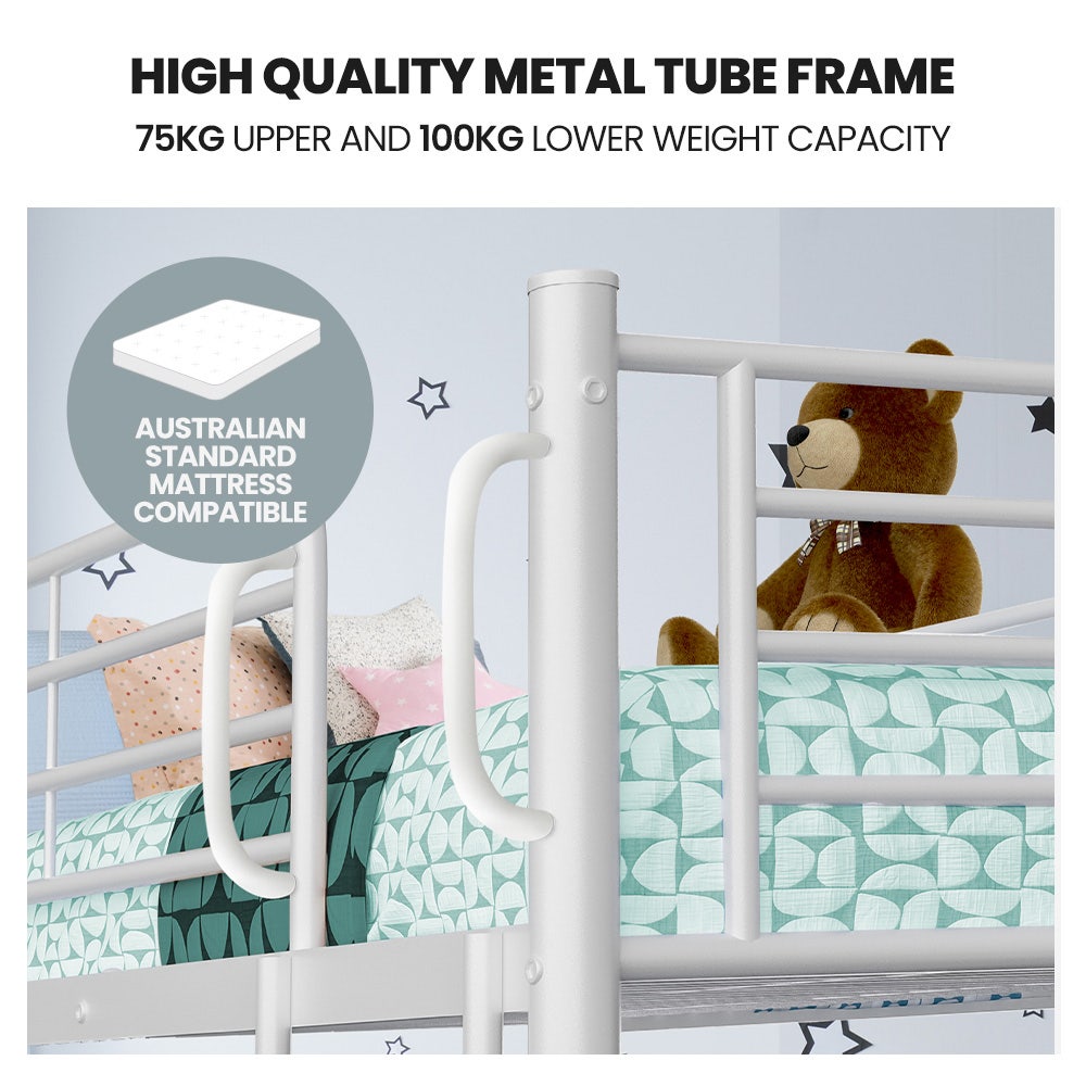 2-in-1 Metal Bunk Bed Frame With Modular Matte White Design-King Single