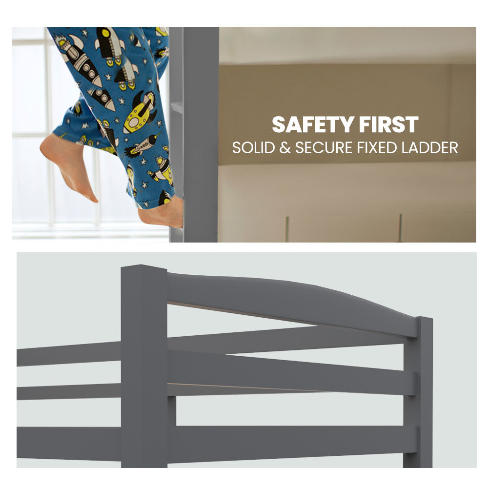 Single Bunk Bed Frame Solid Pine 2-in-1 Modular Design Converts To 2 Beds Grey