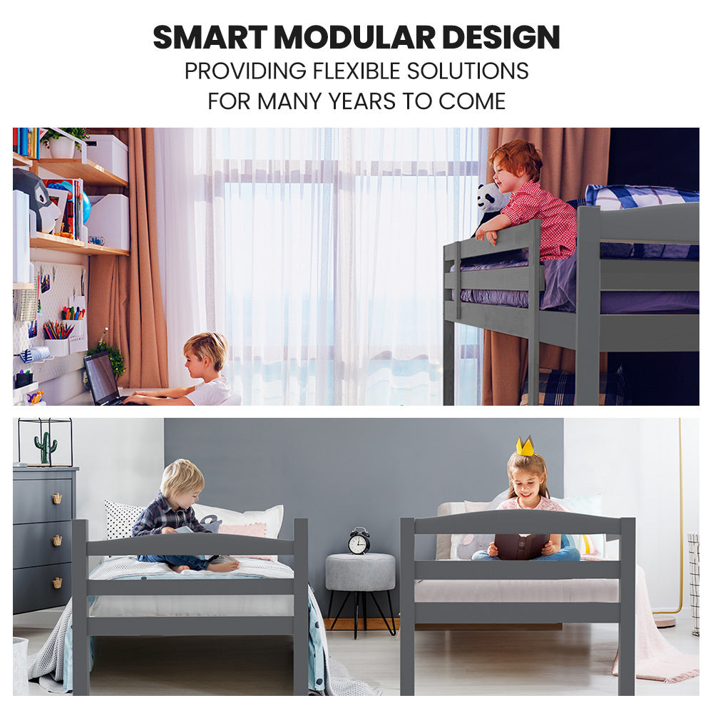 Single Bunk Bed Frame Solid Pine 2-in-1 Modular Design Converts To 2 Beds Grey
