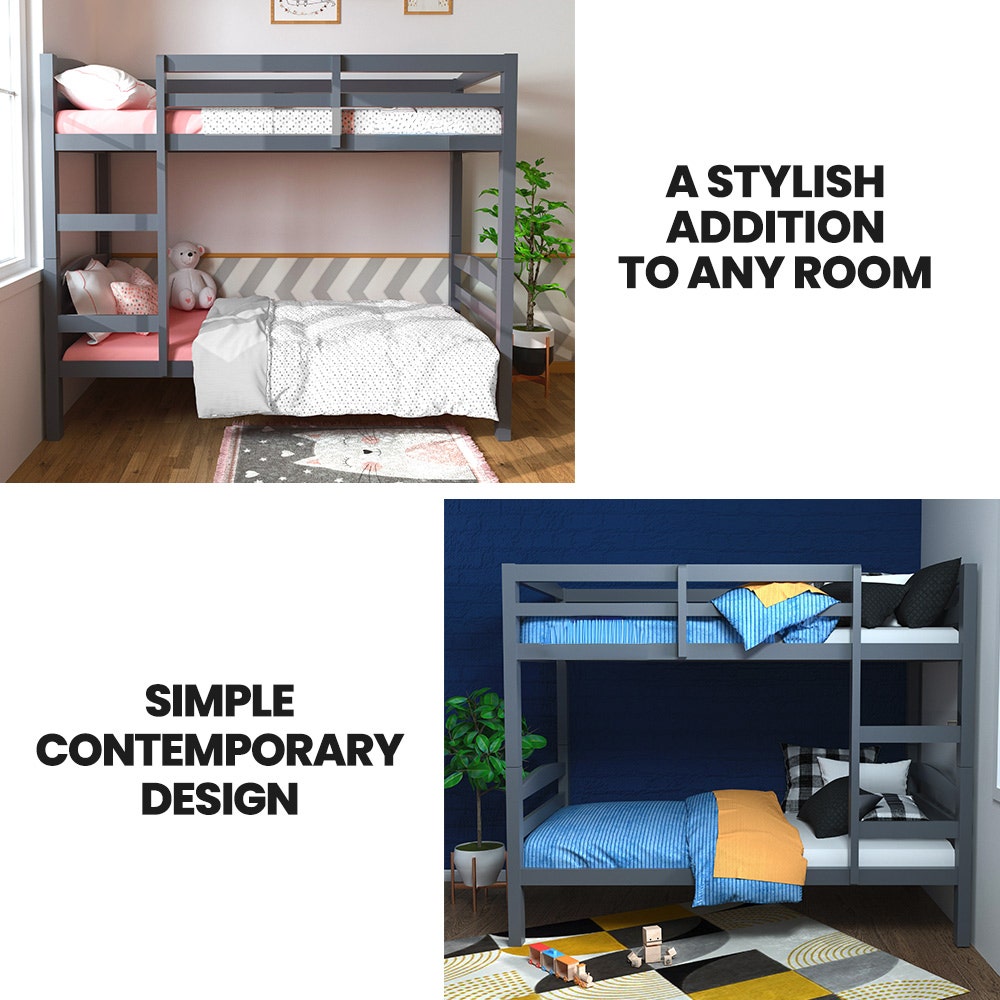 Single Bunk Bed Frame Solid Pine 2-in-1 Modular Design Converts To 2 Beds Grey