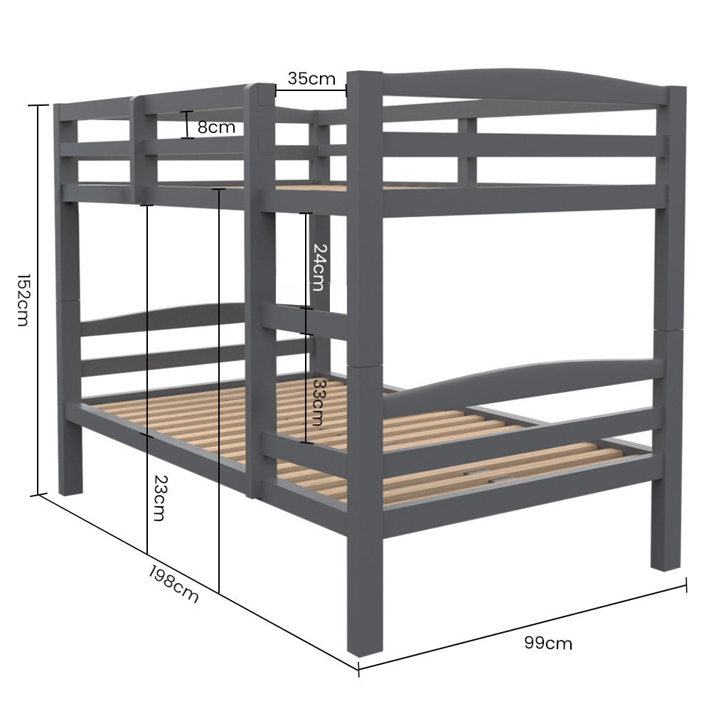 Single Bunk Bed Frame Solid Pine 2-in-1 Modular Design Converts To 2 Beds Grey