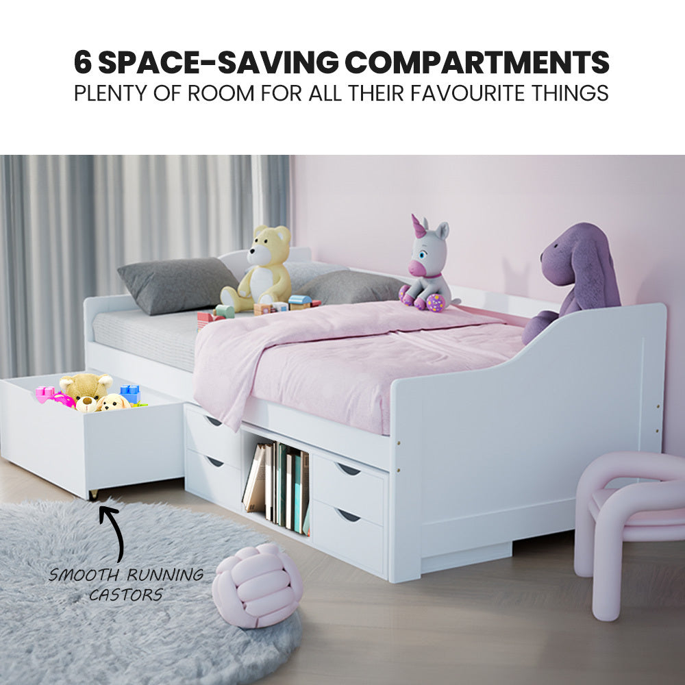 Wooden Single Sofa Bed Frame With Storage Drawers White