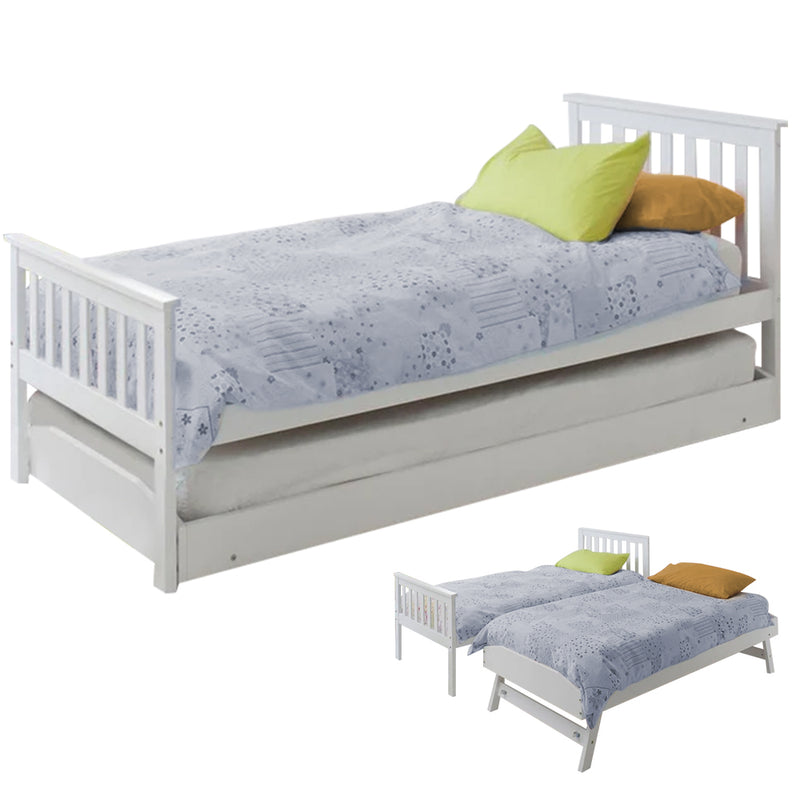Single - Wooden Single Bed Frame With Pop-Up Trundle White Kids Bedroom