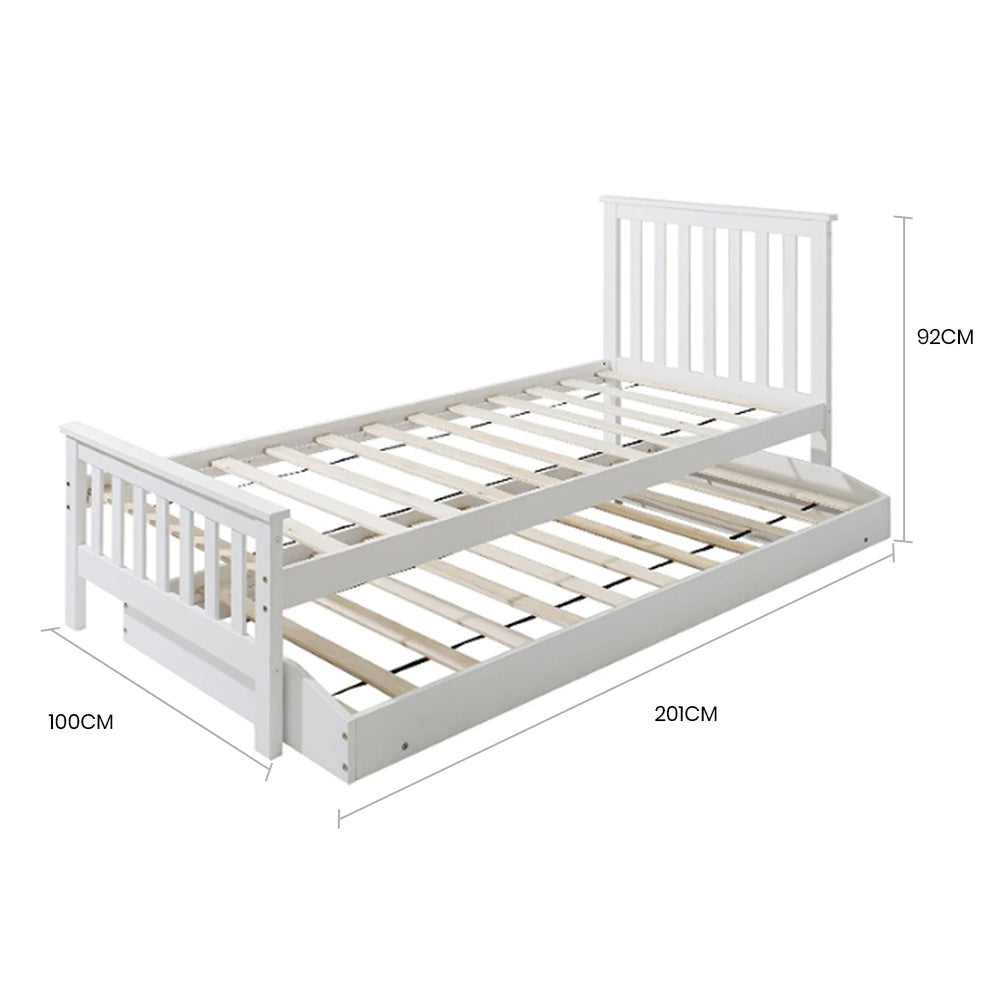 Wooden Single Bed Frame With Pop-Up Trundle White Kids Bedroom