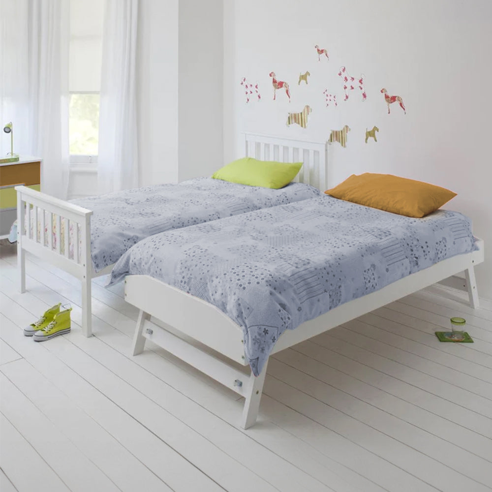 Wooden Single Bed Frame With Pop-Up Trundle White Kids Bedroom