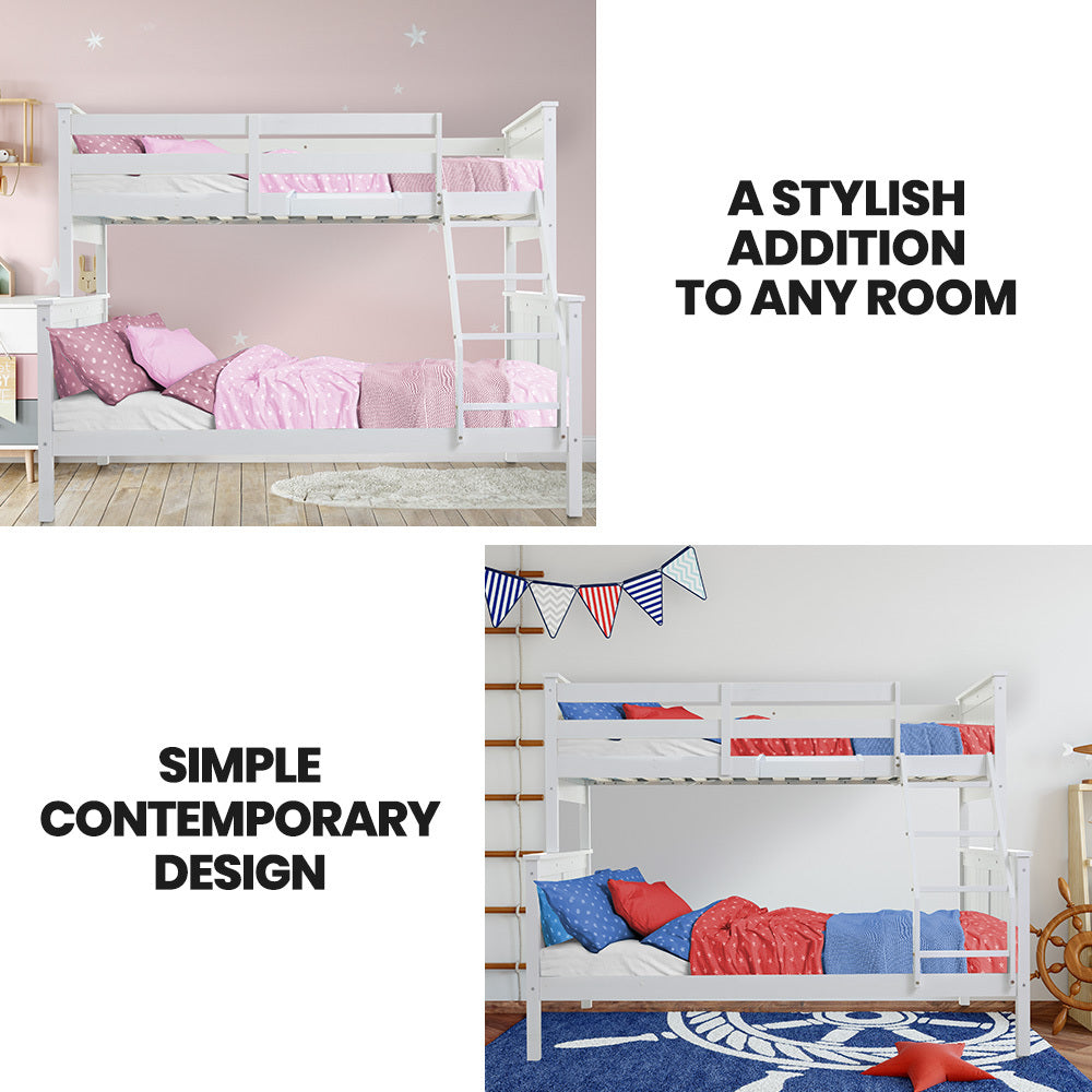 Triple Wooden Single Over Double Bunk Bed Frame For Kids Convertible White