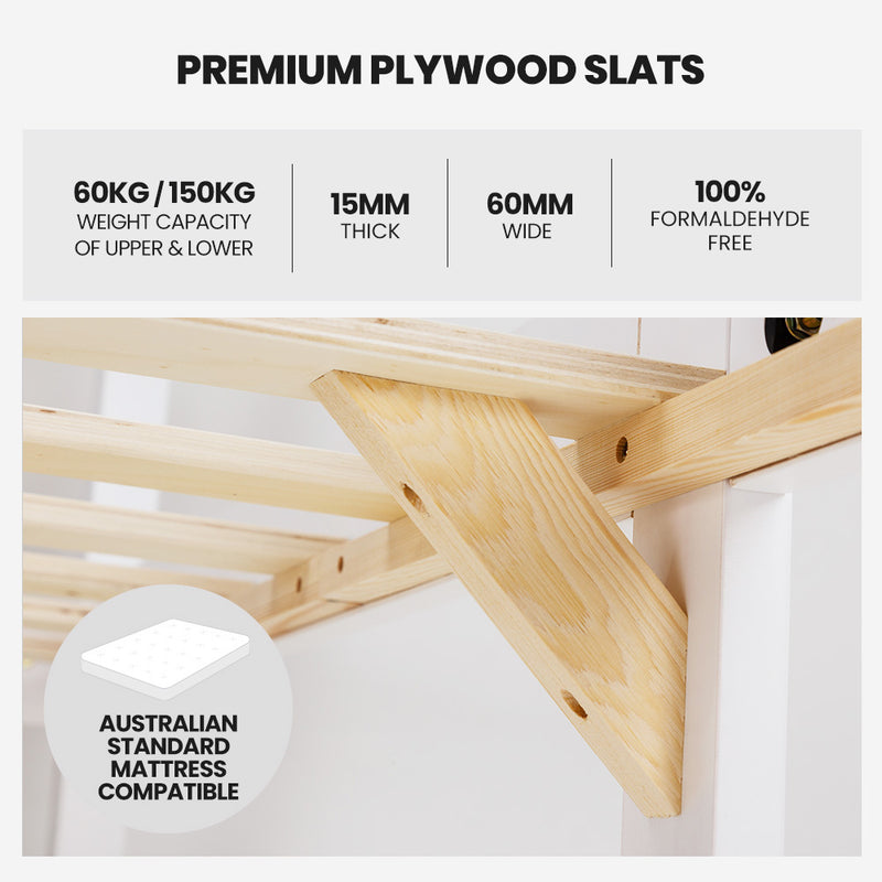 Triple Wooden Single Over Double Bunk Bed Frame For Kids Convertible White