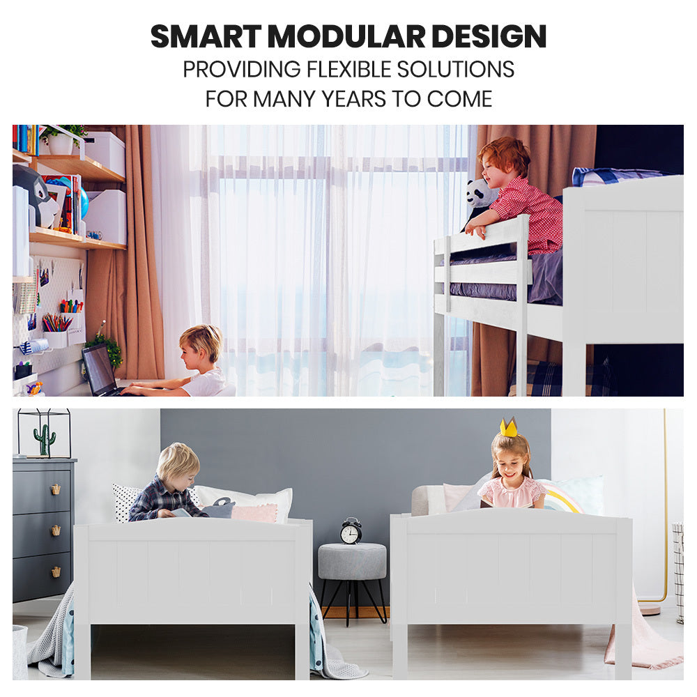 Triple Wooden Single Over Double Bunk Bed Frame For Kids Convertible White