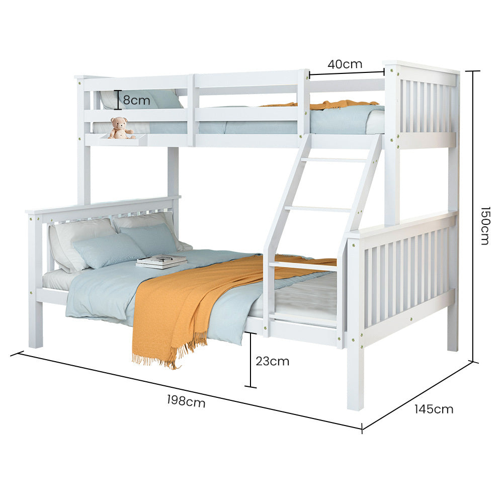 Single Over Double Wooden Bunk Bed Frame Triple Pine 2-in-1 Modular White