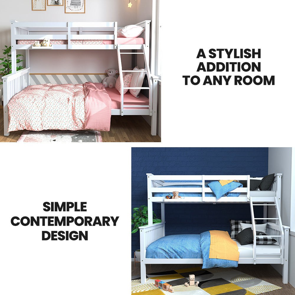 Single Over Double Wooden Bunk Bed Frame Triple Pine 2-in-1 Modular White