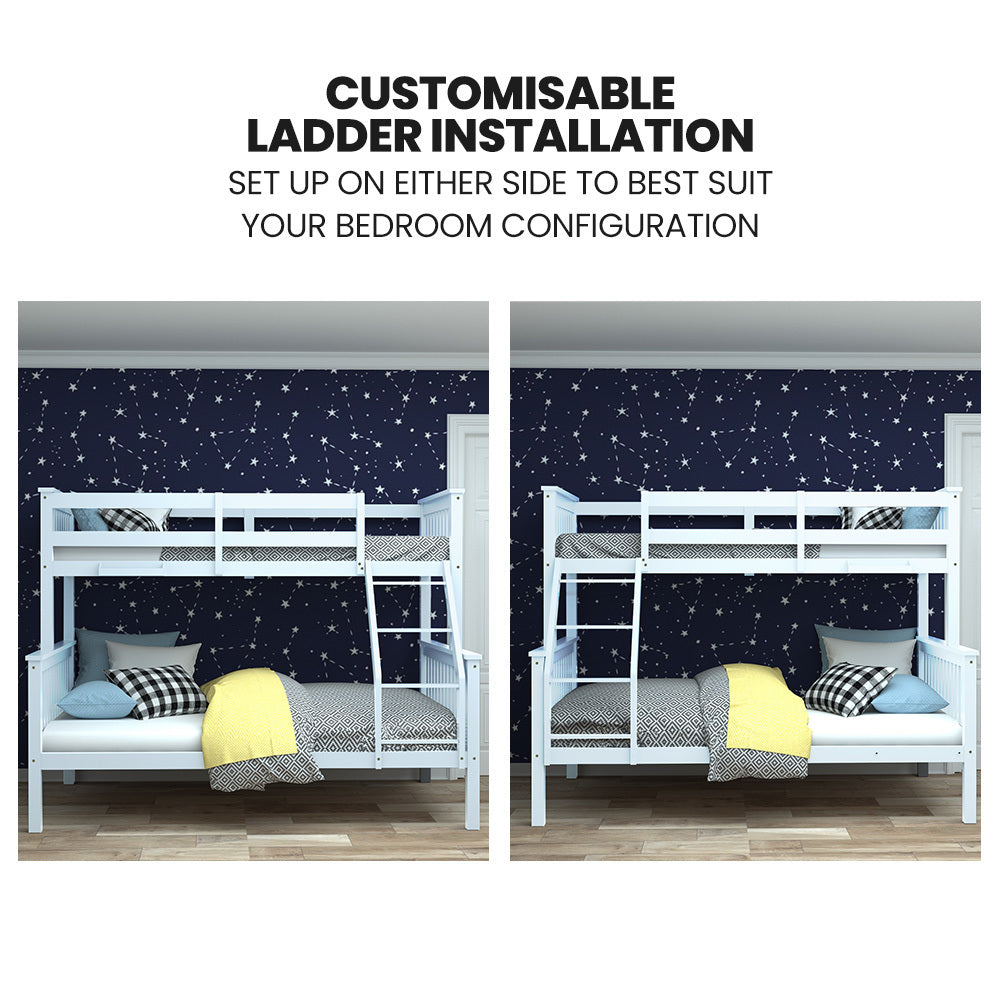 Single Over Double Wooden Bunk Bed Frame Triple Pine 2-in-1 Modular White